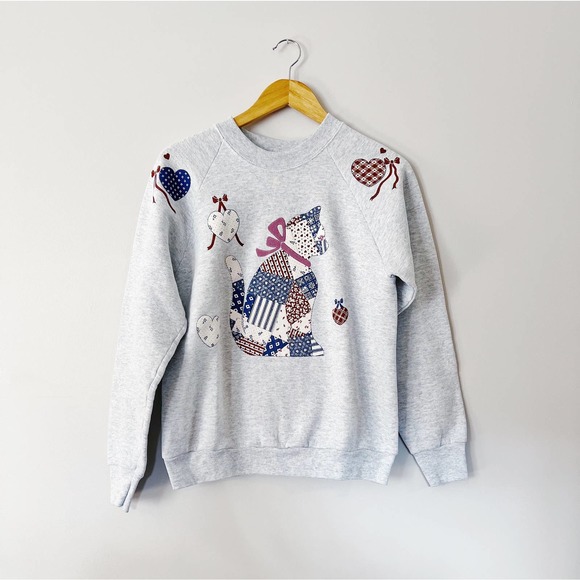 90s Heather Grey Quilted Cat Print Sweatshirt | S/M - Picture 1 of 4